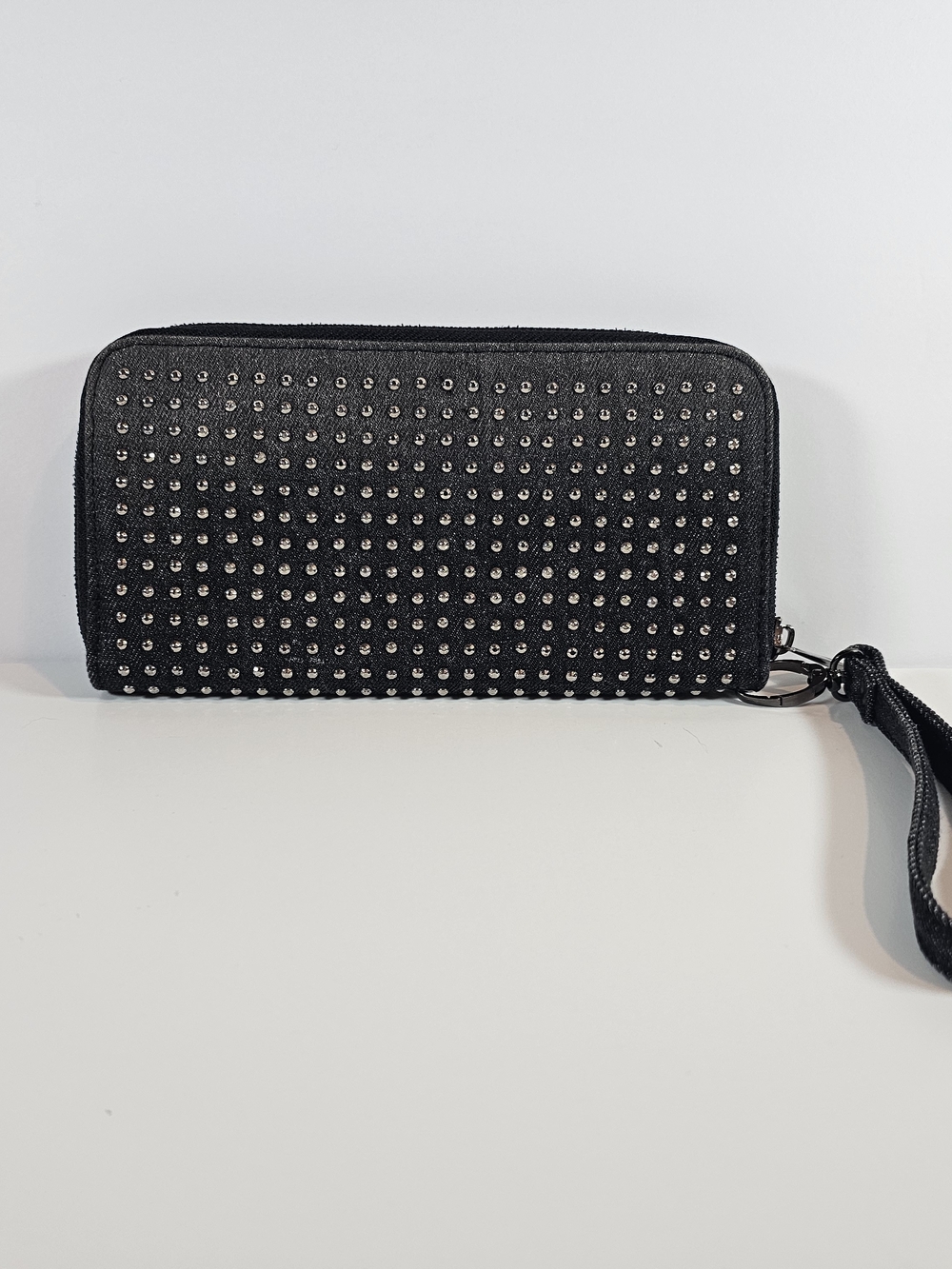 Black Denim Metal Studded Zip-Around Wristlet Wallet